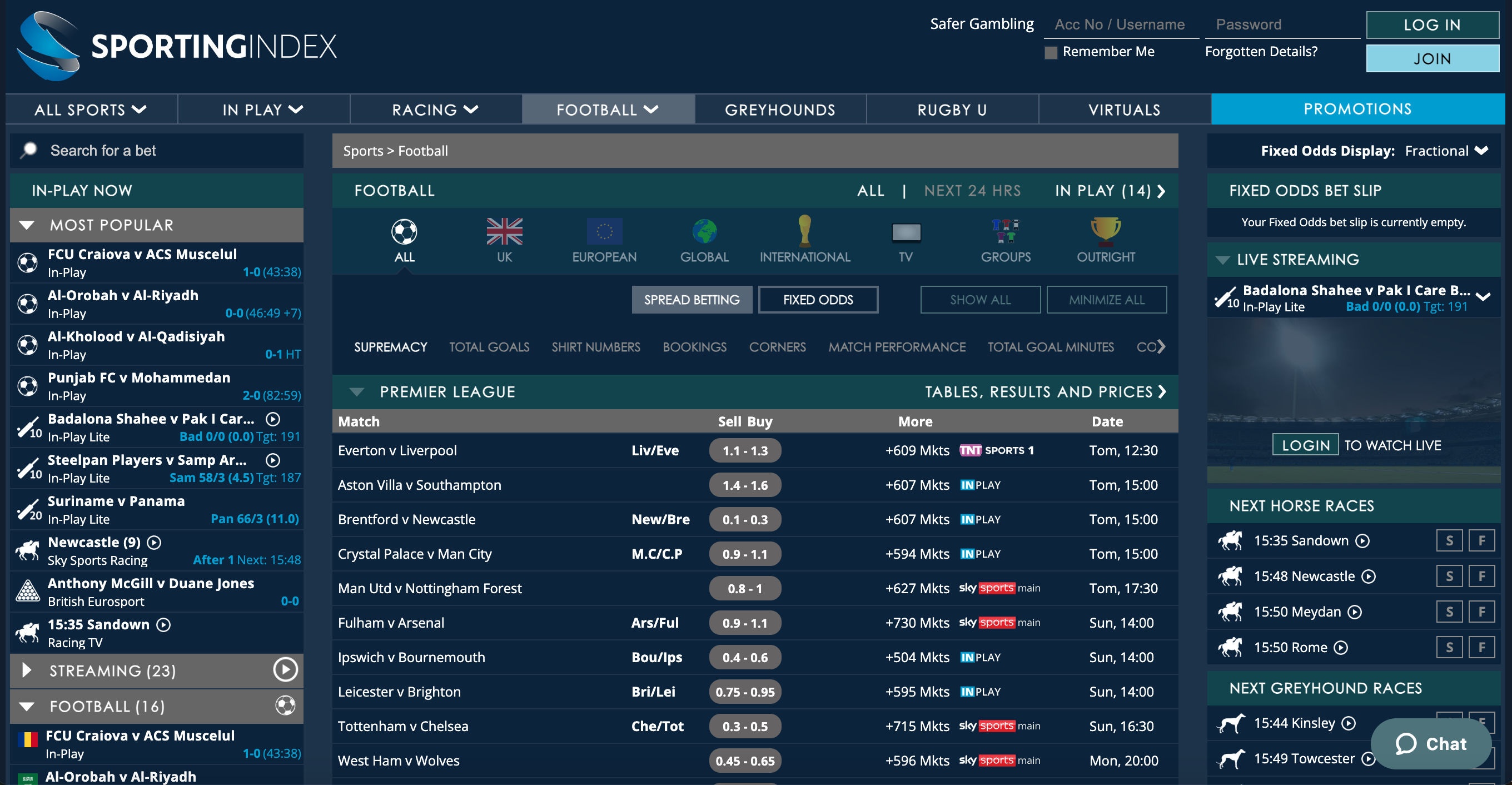 Sporting Index's homepage, which is identical to Spreadex's except dark blue and grey